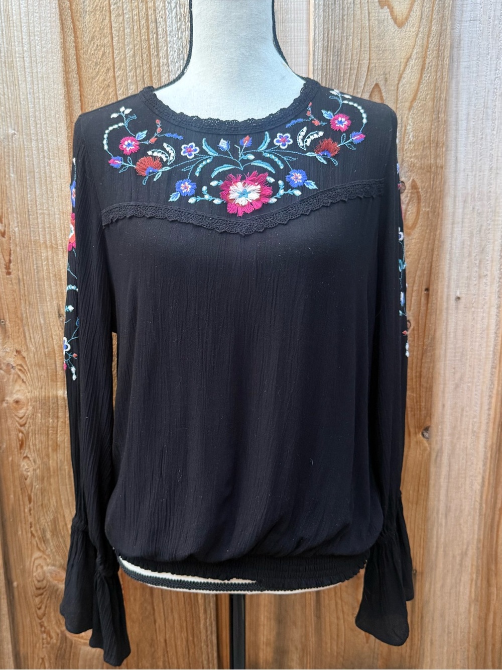 Xhilaration Black Long-Sleeve Embroidered Boho Blouse
